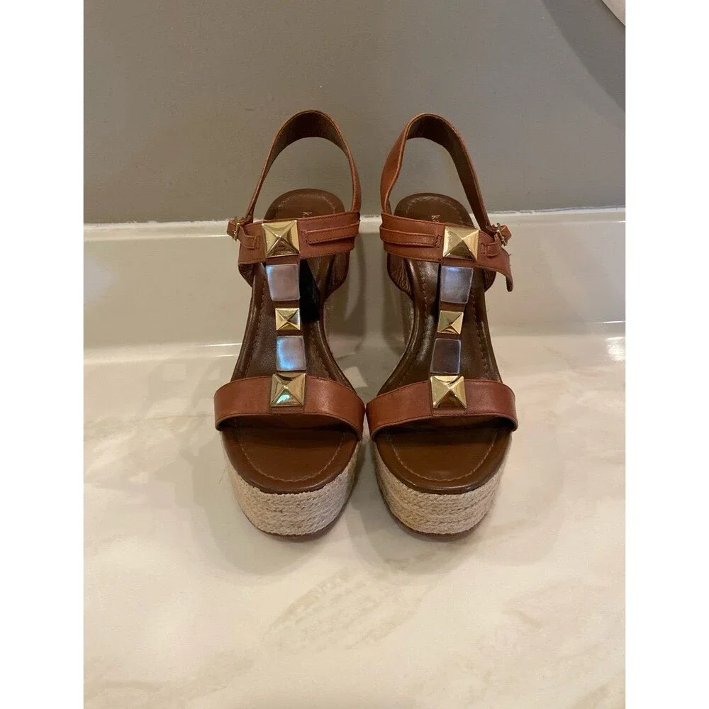 Kate Spade Studded Espadrille Platform Wedge Sandals Brown Leather Size 10 - Picture 5 of 12